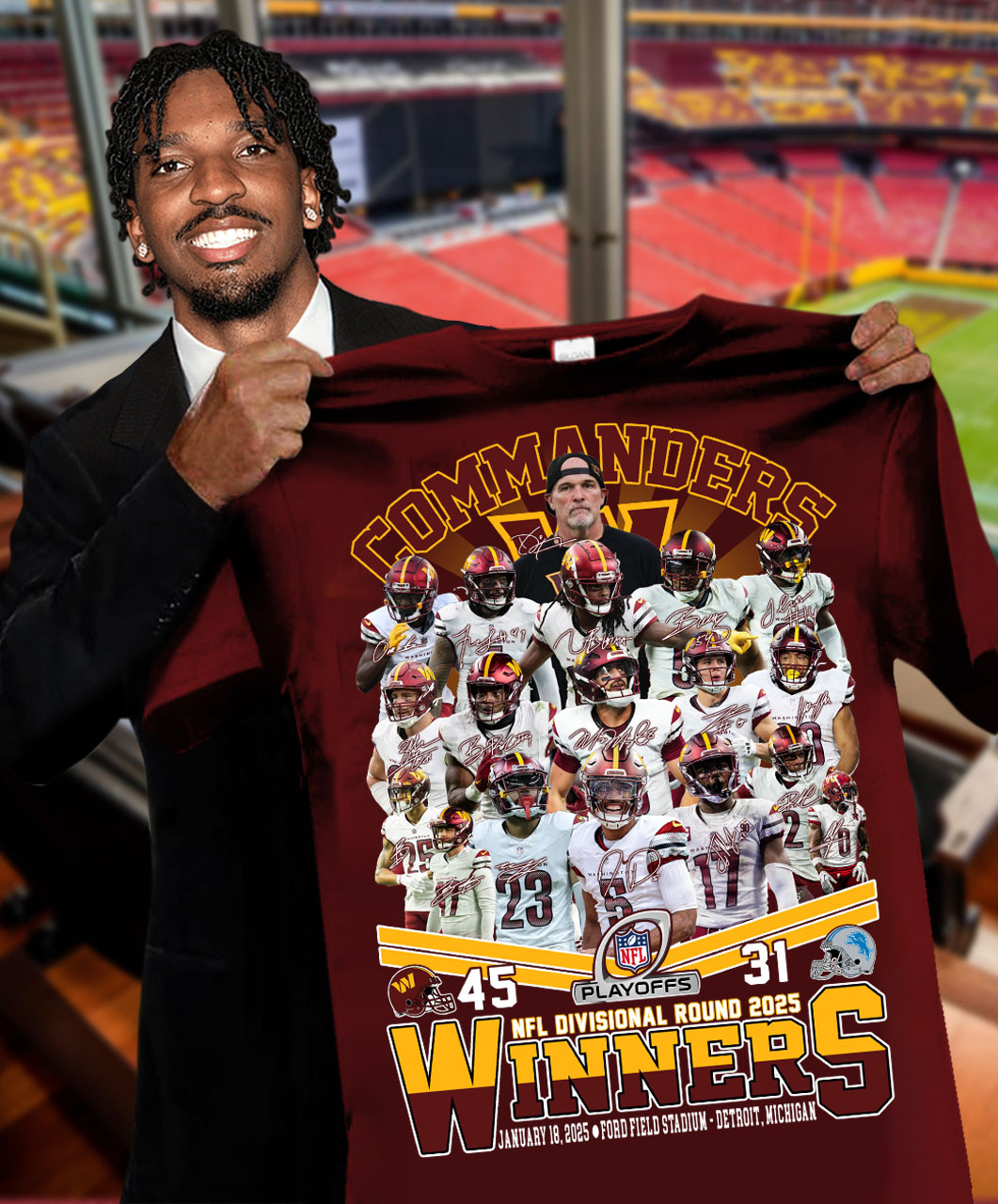 45-31 Washington Commander 2025 NFL Playoff Winners T-Shirt For Football Fans Neasalamis.com