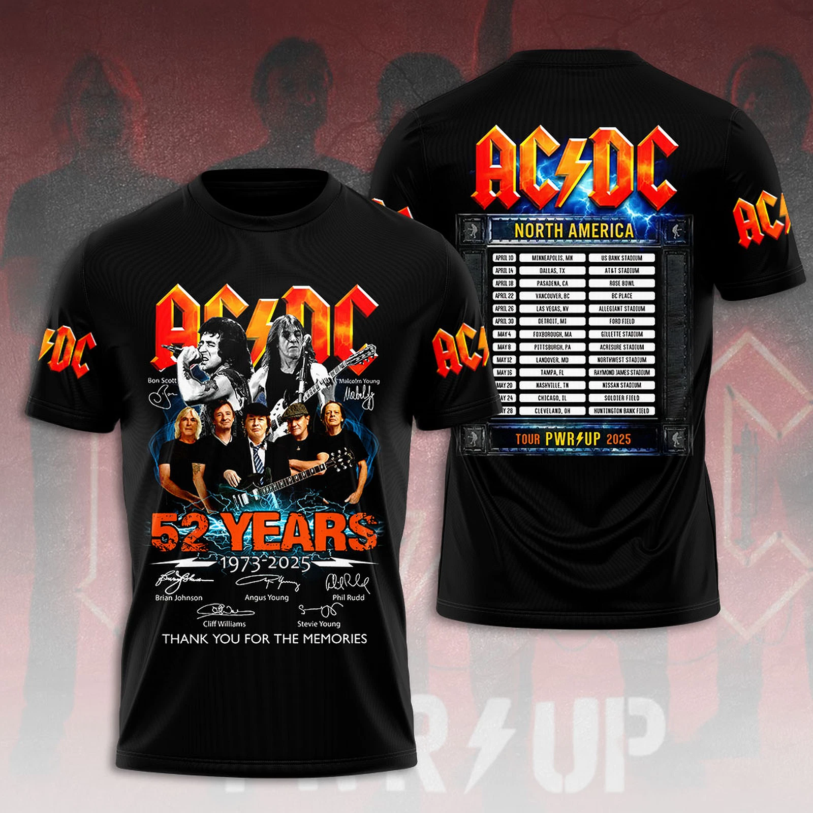 ACDC 2025 North America PWR/UP Tour 52 Years Tour 3D T-Shirt Neasalamis.com