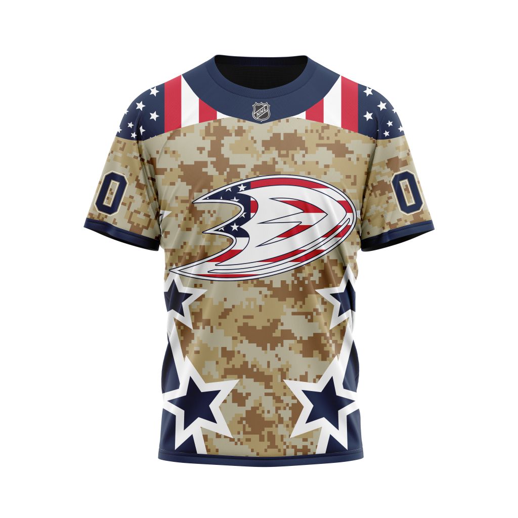 Anaheim Ducks Specialized Camo Color And Our Beloved American Flag Personalized Name And Number T-Shirt Style 22057 Neasalamis.com