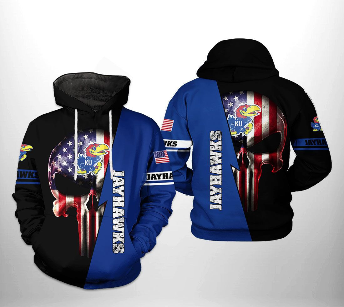 Kansas Jayhawks NCAA US Flag Skull Hoodie Neasalamis
