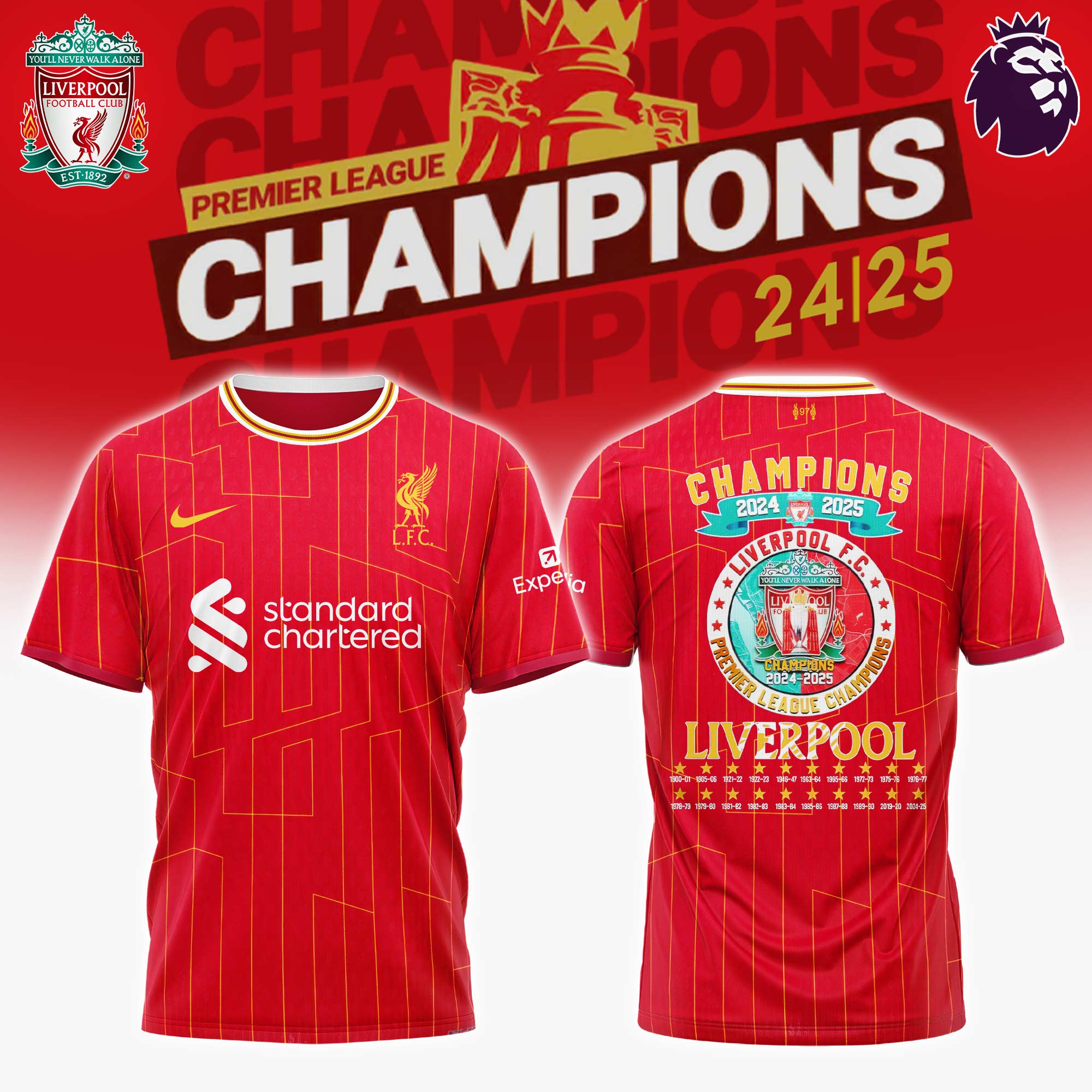 Liverpool Premier League Champions 2024/25 Season Tshirt Best Gifts For Football Players Neasalamis.com