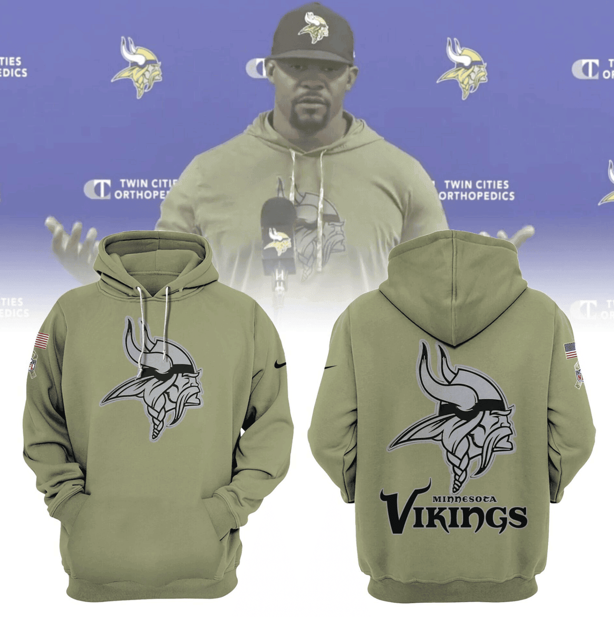 Minnesota Vikings military green V9 NFL 3D Hoodie Neasalamis