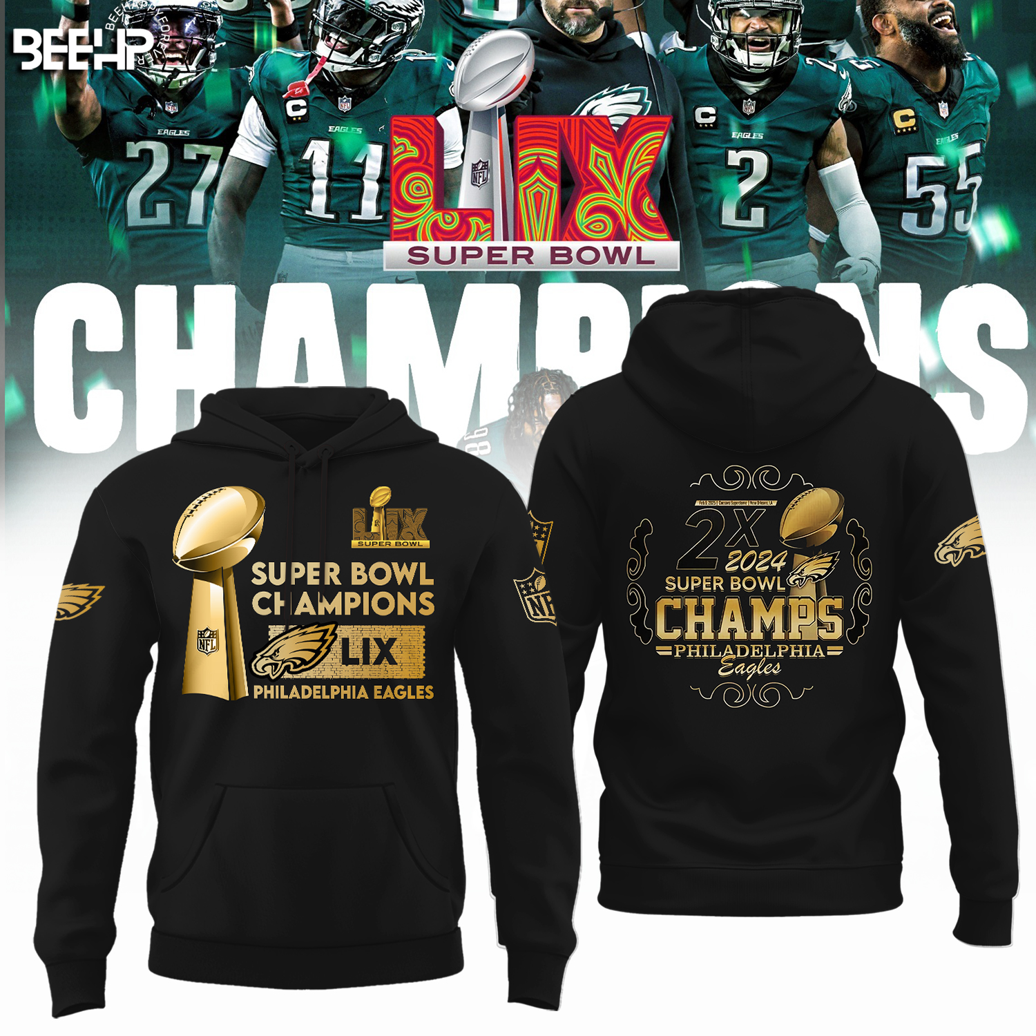 Philadelphia Eagles 2X Super Bowl LIX Champions Black Hoodie Neasalamis