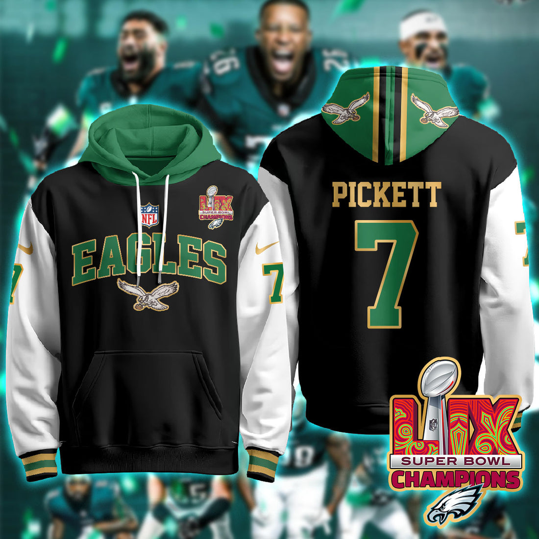 Philadelphia Eagles Pickett 7 Super Bowl LIX Champions Gold Black Alternate Hoodie Neasalamis