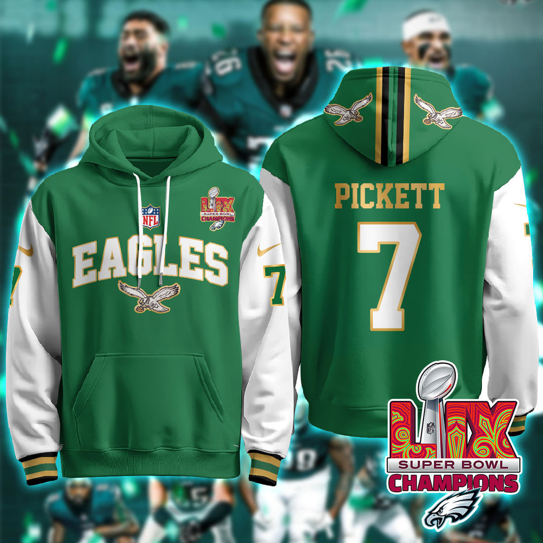 Philadelphia Eagles Pickett 7 Super Bowl LIX Champions Gold Green Alternate Hoodie Neasalamis