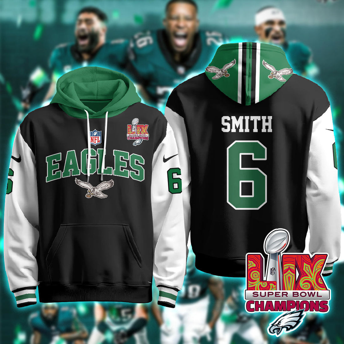 Philadelphia Eagles Smith 6 Super Bowl LIX Champions Black Alternate Hoodie Neasalamis