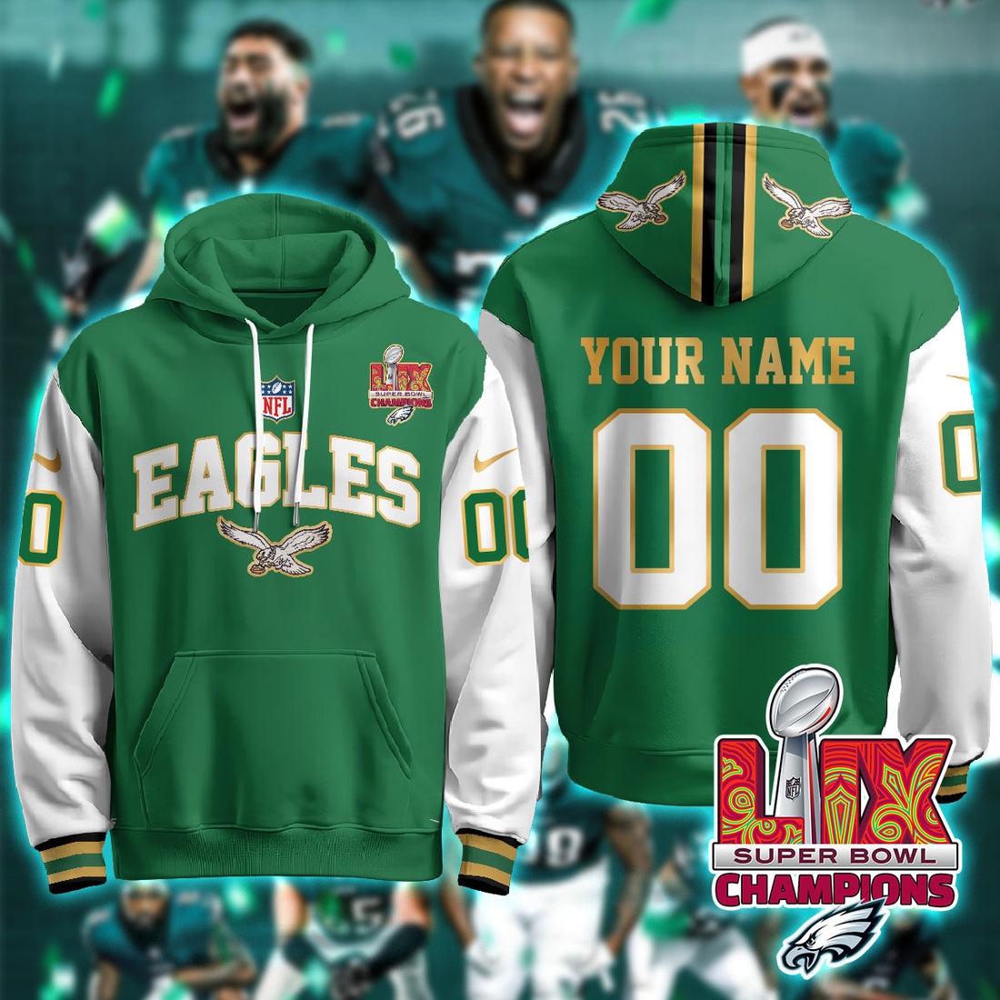 Philadelphia Eagles Super Bowl LIX Champions Custom Green Alternate Hoodie Neasalamis