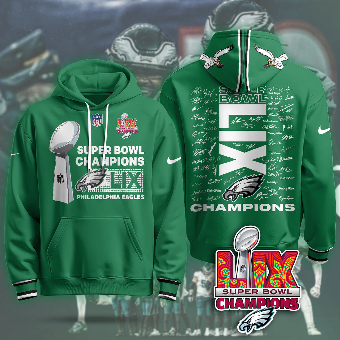 Philadelphia Eagles Super Bowl LIX Champions Green Hoodie Neasalamis