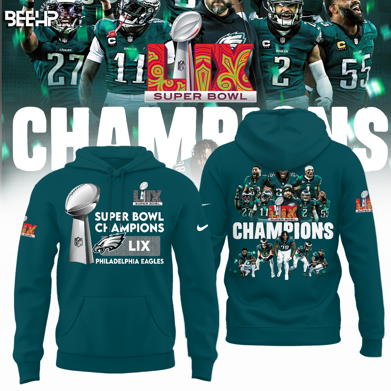 Philadelphia Eagles Super Bowl LIX Champions Midnight Green Hoodie Neasalamis