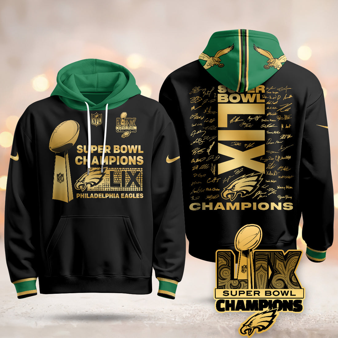 Philadelphia Eagles Super Bowl LIX Champions Roster Signing Gold Black Hoodie Neasalamis