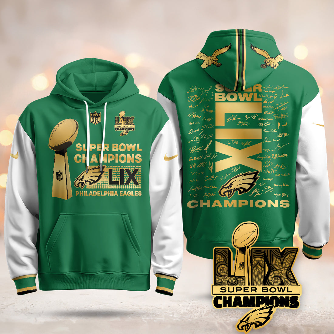 Philadelphia Eagles Super Bowl LIX Champions Roster Signing Gold Green Alternate Hoodie Neasalamis