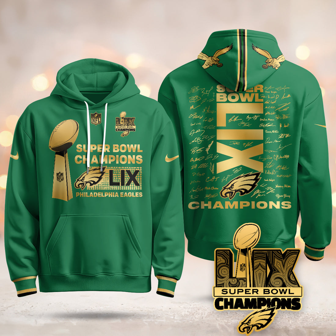 Philadelphia Eagles Super Bowl LIX Champions Roster Signing Gold Green Gold Hoodie Neasalamis