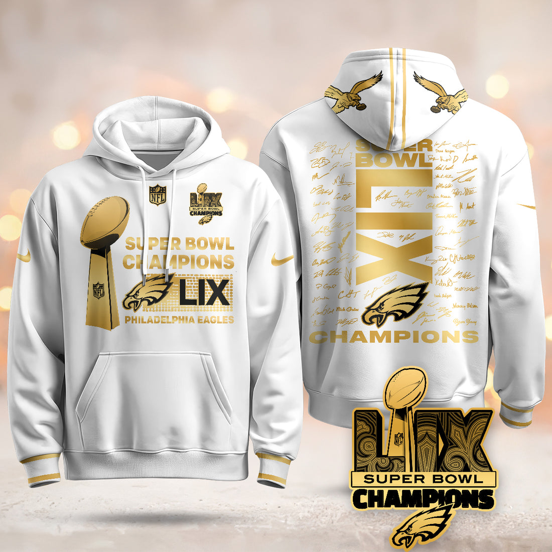 Philadelphia Eagles Super Bowl LIX Champions Roster Signing Gold White Gold Hoodie Neasalamis