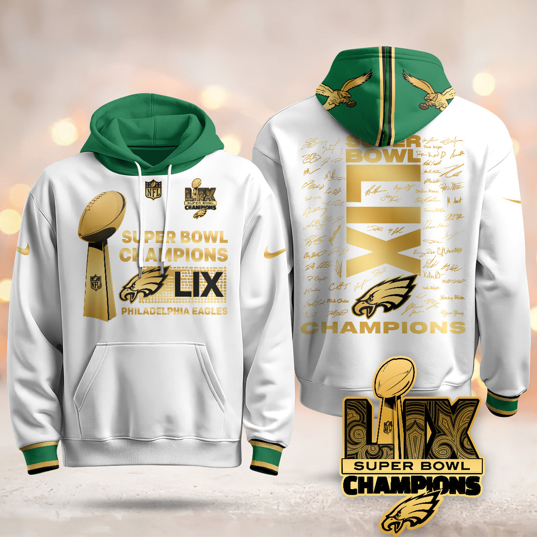 Philadelphia Eagles Super Bowl LIX Champions Roster Signing Gold White Hoodie Neasalamis