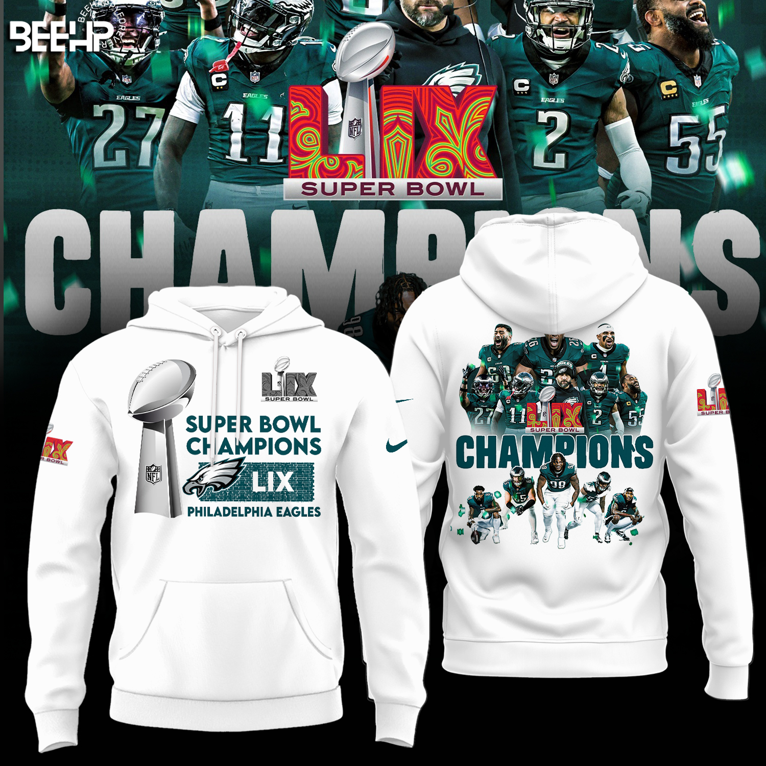 Philadelphia Eagles Super Bowl LIX Champions White Hoodie Neasalamis