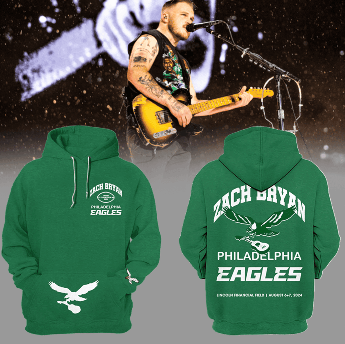 Philadelphia Eagles Zach Bryan x Eagles Kelly Green NFL 3D Hoodie Neasalamis