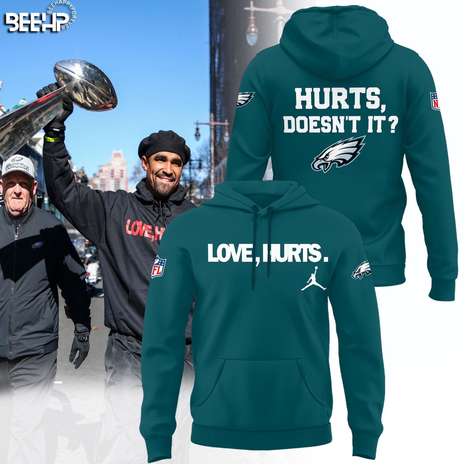 Philadelphia EaglesLove Hurts Doesn't It Super Bowl LIX Champions Midnight Green Hoodie Neasalamis