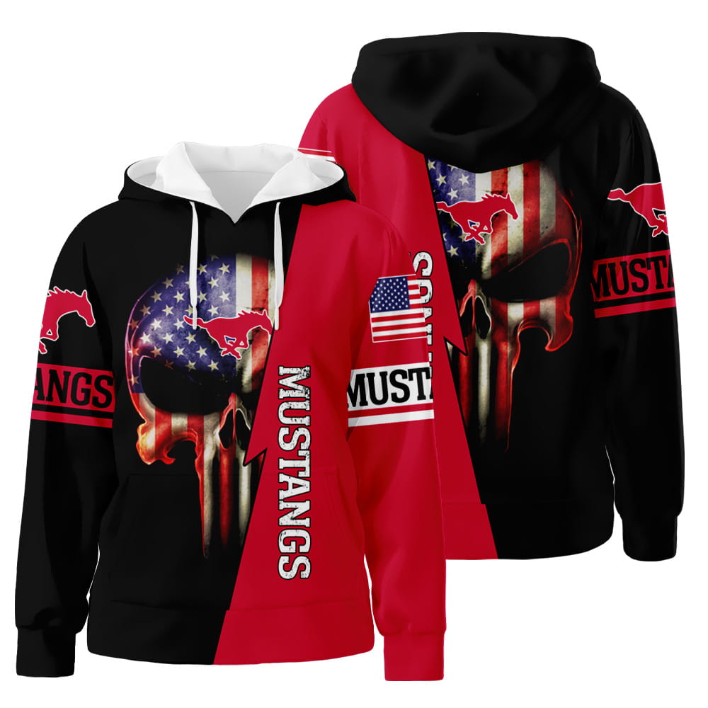 SMU Mustangs NCAA US Flag Skull 3D All Over Print Hoodie Zip-Up Hoodie Neasalamis