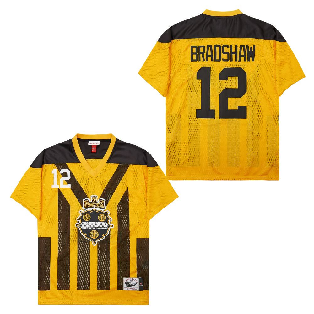 Terry Bradshaw 12 Pittsburgh Steelers Retro Throwback Legacy Men Jersey - Black/Yellow JS8569