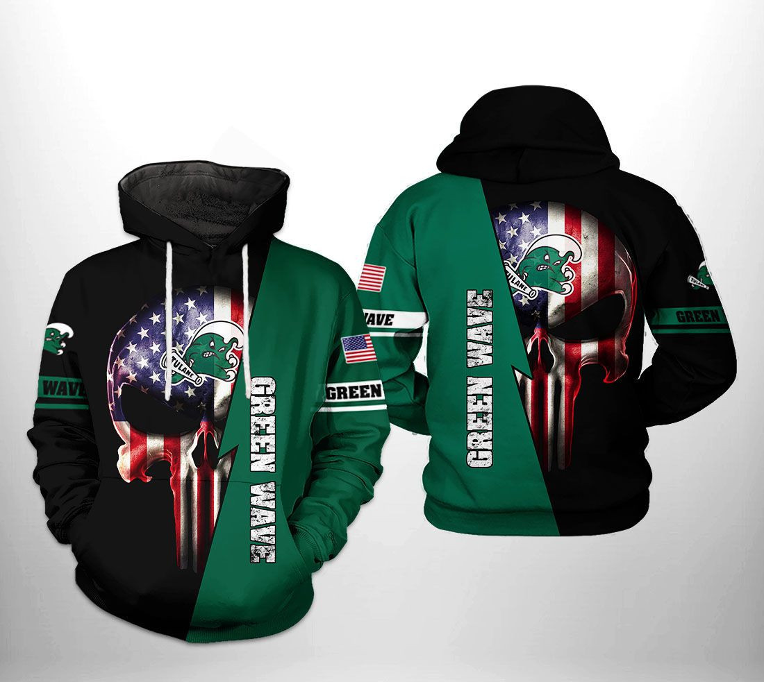 Tulane Green Wave NCAA US Flag Skull Hoodie Neasalamis