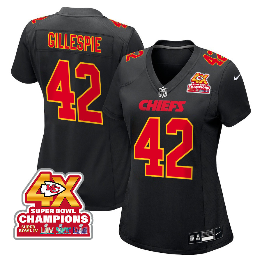 Tyree Gillespie 42 Kansas City Chiefs Super Bowl LVIII Champions 4X Fashion Game Women Jersey - Carbon Black JS6200