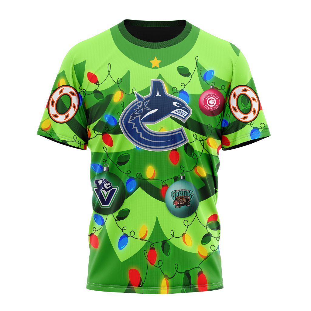 Vancouver Canucks Specialized Unisex Kits With Unisex Kits With Christmass Tree Color And City's Sport Teams Personalized Name And Number T-Shirt Style Neasalamis.com