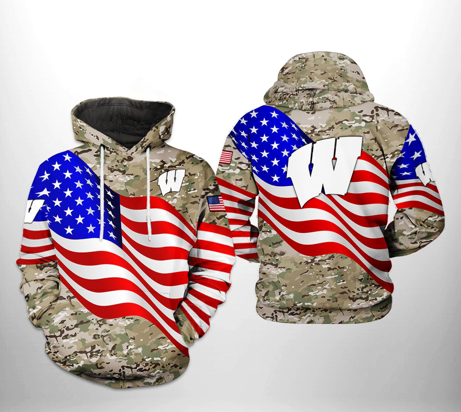 Wisconsin Badgers NCAA US Flag Camo Veteran Hoodie Neasalamis