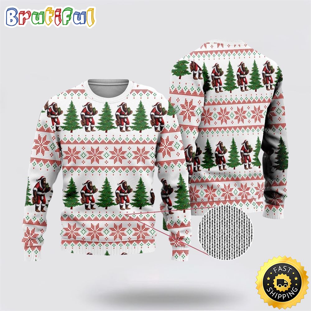 Bigfoot Santa Claus And Pine Tree Ugly Christmas Sweater Neasalamis