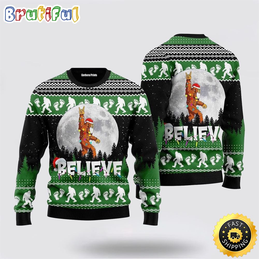 Bigfoot Santa Claus Christmas Moon Night Ugly Christmas Sweater Neasalamis