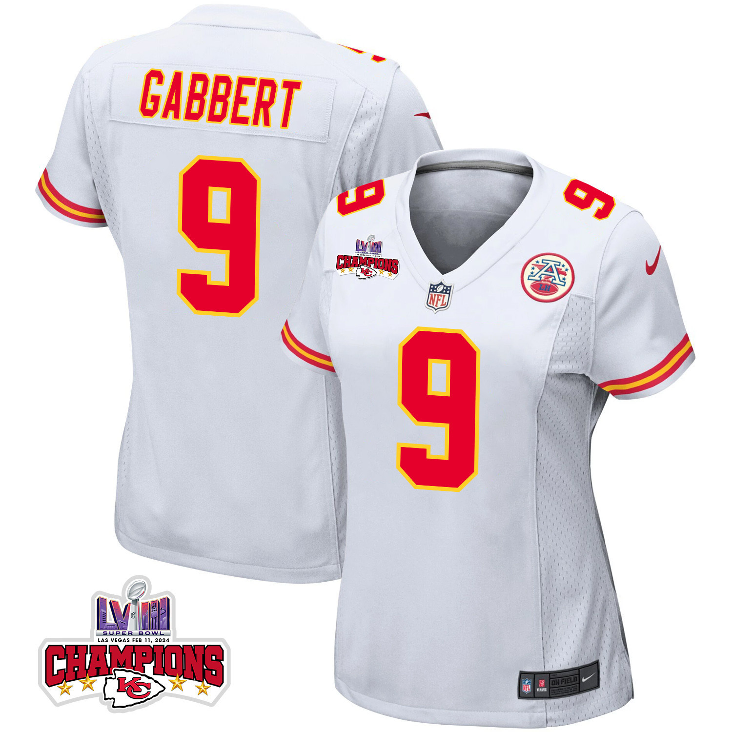 Blaine Gabbert 9 Kansas City Chiefs Super Bowl LVIII Champions 4 Stars Patch Game Women Jersey - White JS1361