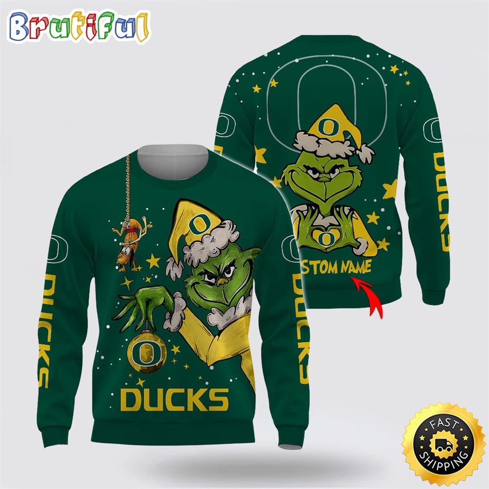 Custom Name Ncaa Oregon Ducks Ugly Sweater Grinch Funny Christmas Football Sweater Neasalamis