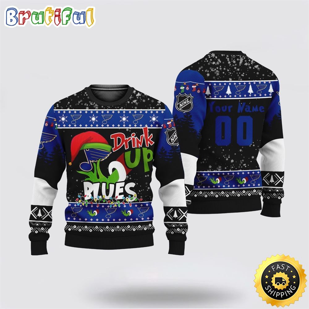 Custom Nhl St Louis Blues Ugly Christmas Sweater Grinch Drink Up Christmas Gift For Football Fans Neasalamis