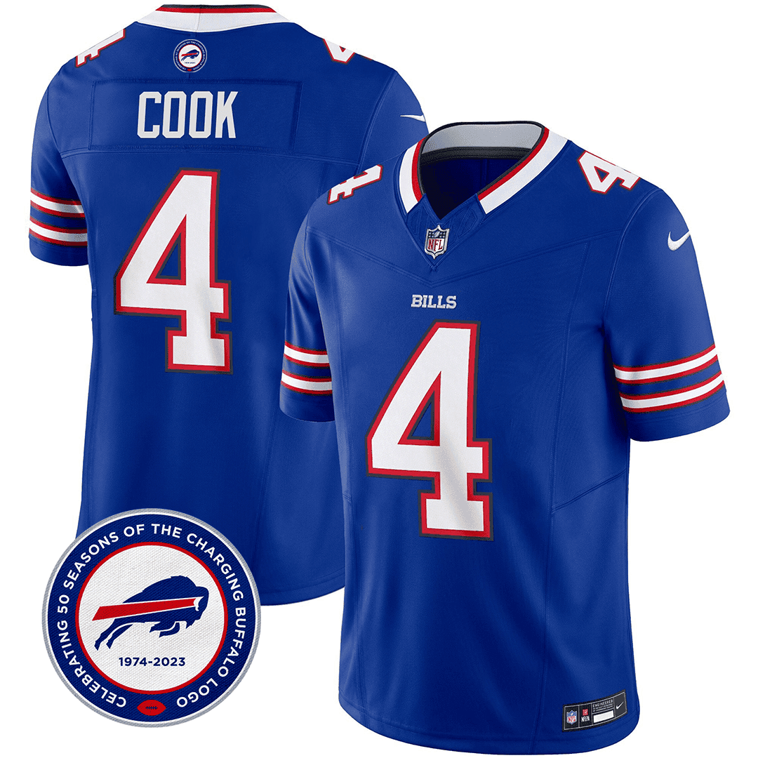 James Cook 4 Buffalo Bills 50th Charging Logo Patch Game Men Jersey - Royal JS9975