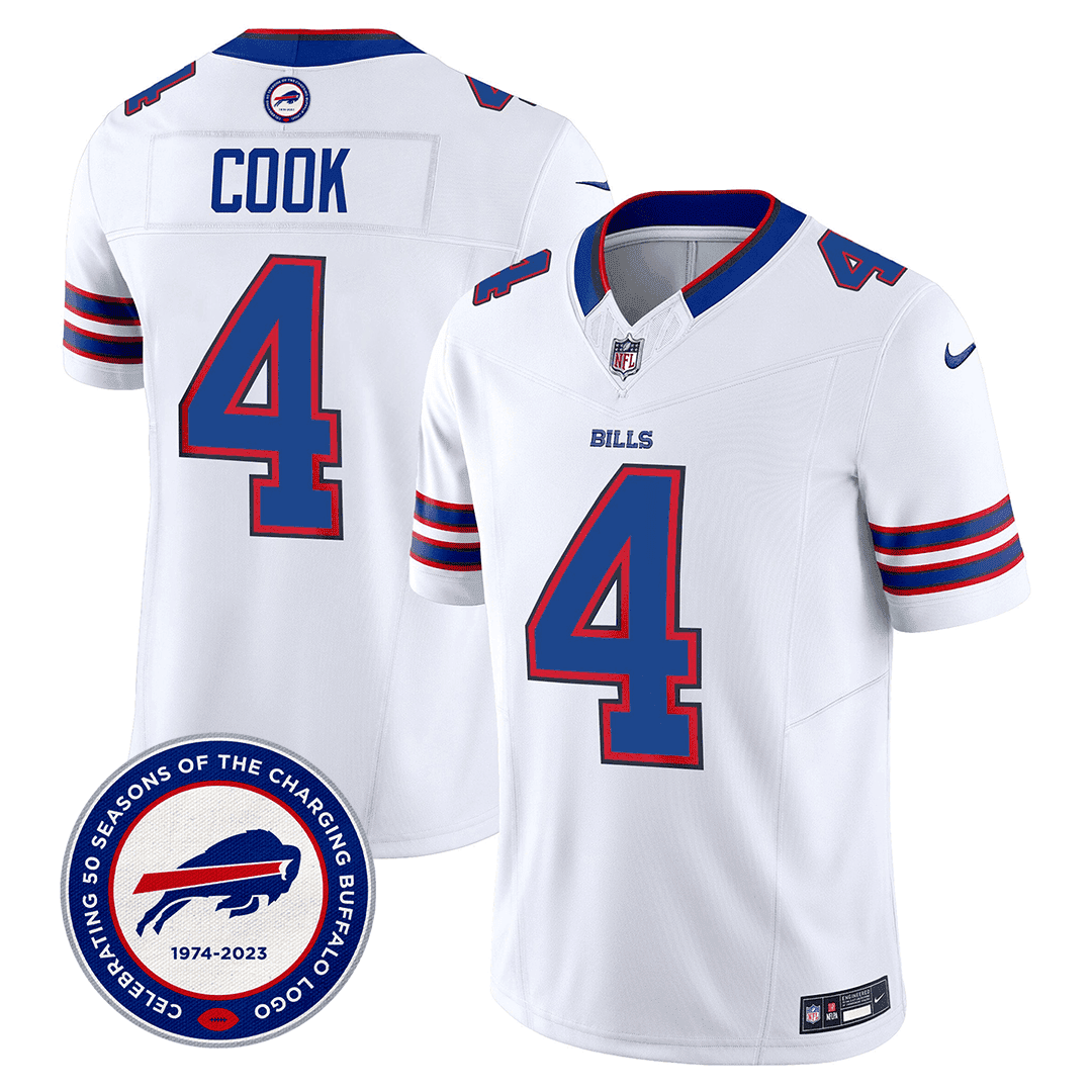 James Cook 4 Buffalo Bills 50th Charging Logo Patch Game Men Jersey - White JS7048