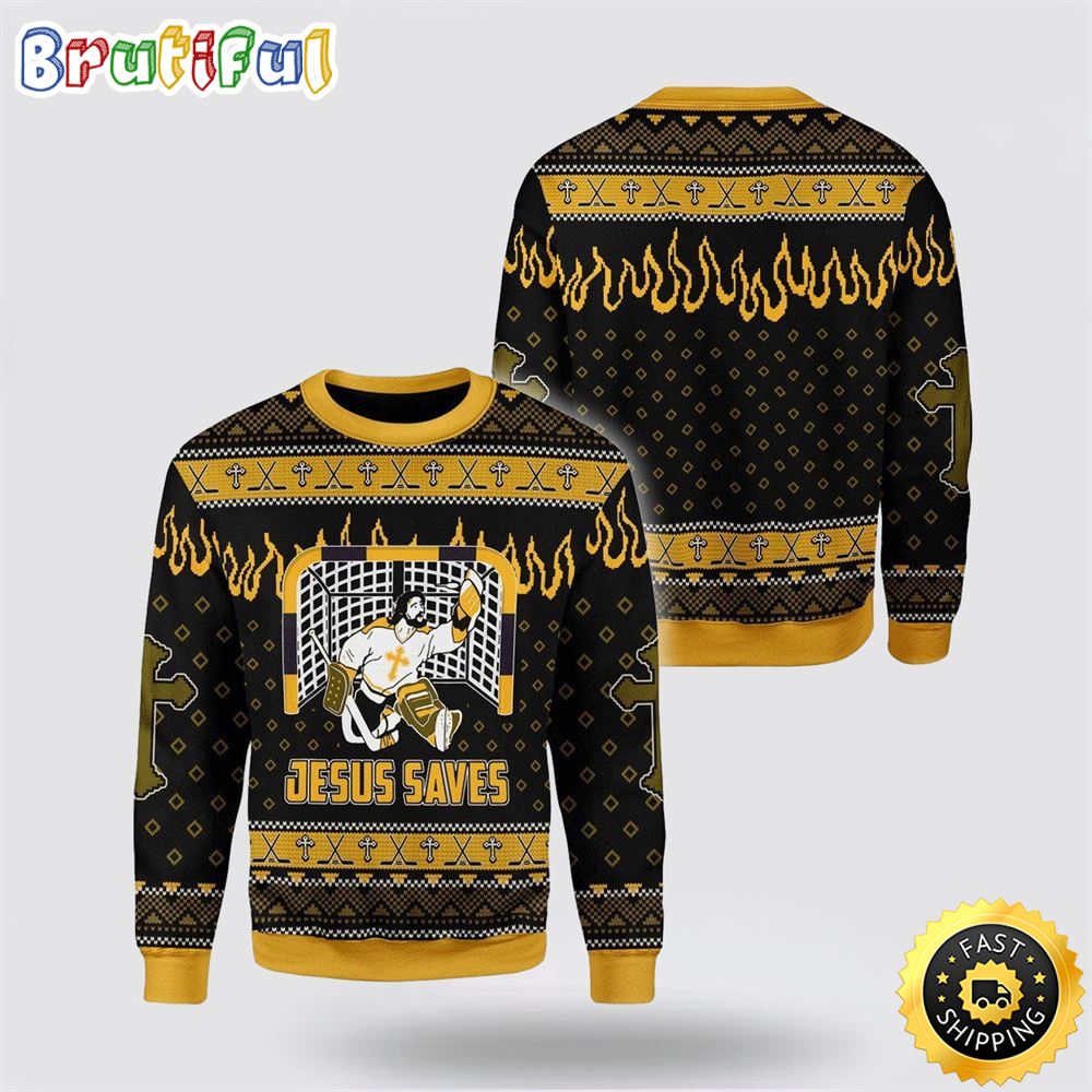 Jesus Saves Hockey Ugly Christmas Sweater Gifts For Christian Men And Women Neasalamis