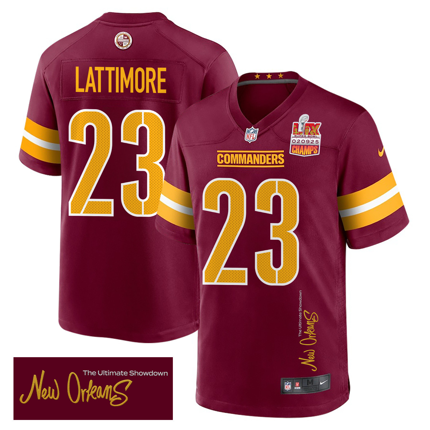 Marshon Lattimore 23 Washington Commanders Super Bowl LIX Champions Patch 'New Orleans - The Ultimate Showdown' EMBROIDERED Game Men Jersey - Burgundy JS8626