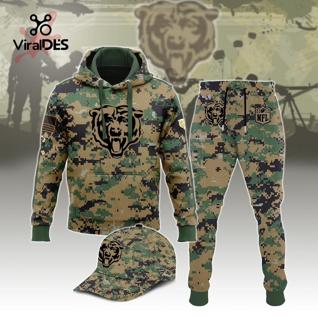 NFL Chicago Bears Army Camo Sport Hoodie Sweatpant Tracksuit (Non Cap) Neasalamis