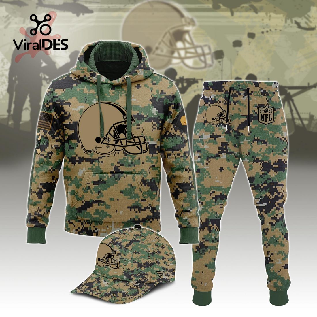 NFL Cleveland Browns Army Camo Sport Hoodie Sweatpant Tracksuit (Non Cap) Neasalamis