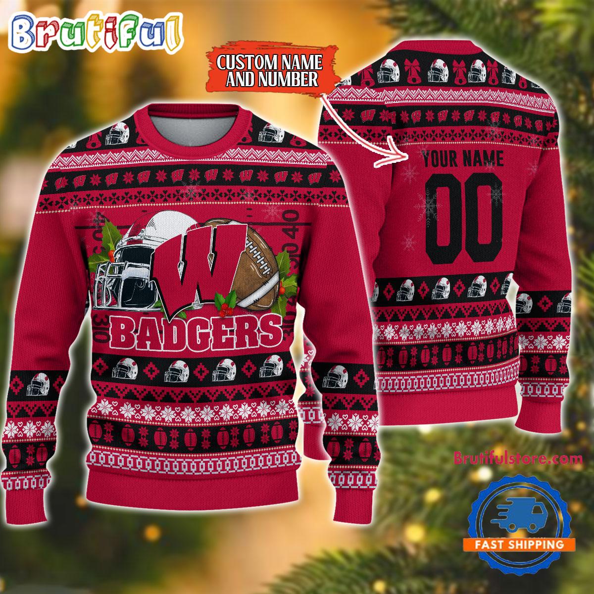 Ncaa Wisconsin Badgers Logo Team Football Custom Christmas Ugly Sweater Neasalamis