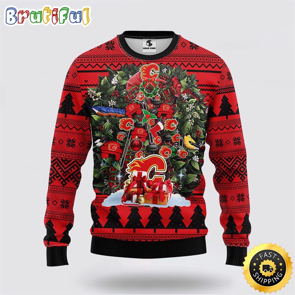 Nhl Calgary Flames Ugly Sweater Tree Ugly Christmas Fleece Sweater Neasalamis