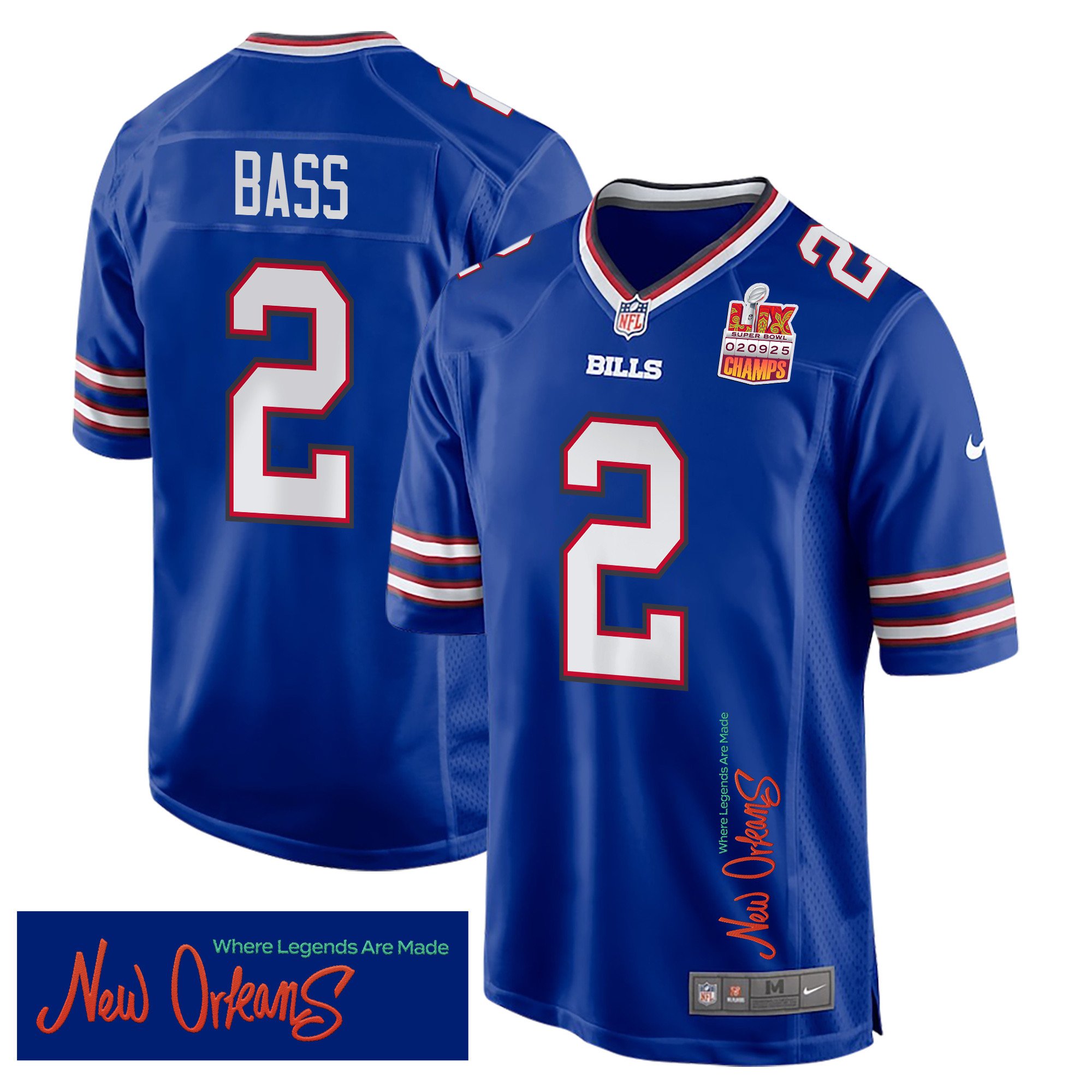 Tyler Bass 2 Buffalo Bills Super Bowl LIX Champions Patch 'New Orleans - Where Legends Are Made' EMBROIDERED Game Men Jersey - Royal JS2092