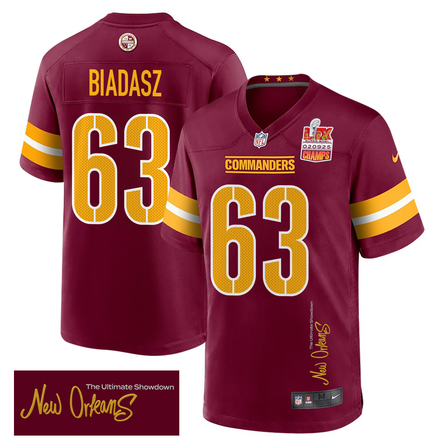 Tyler Biadasz 63 Washington Commanders Super Bowl LIX Champions Patch 'New Orleans - The Ultimate Showdown' EMBROIDERED Game Men Jersey - Burgundy JS2451