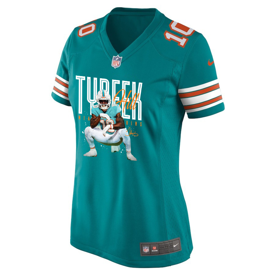 Tyreek Hill 10 Miami Dolphins Cheetah Celebration Women Alternate Game Jersey - Aqua JS2883 Neasalamis - Image 3