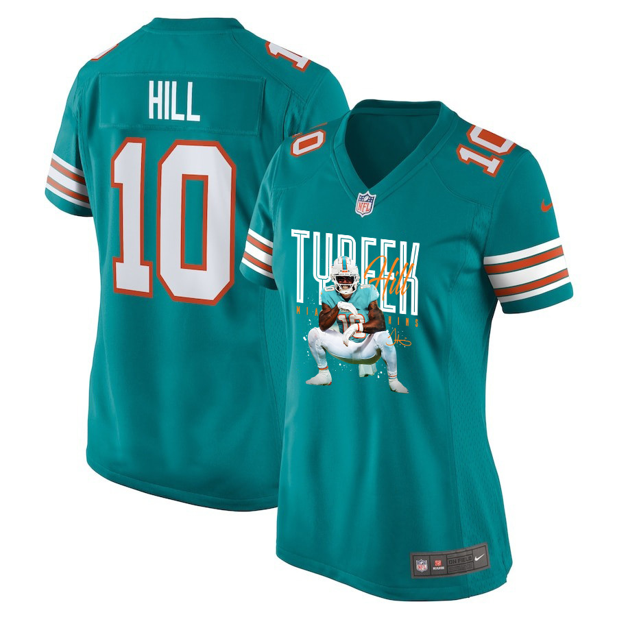 Tyreek Hill 10 Miami Dolphins Cheetah Celebration Women Alternate Game Jersey - Aqua JS2883